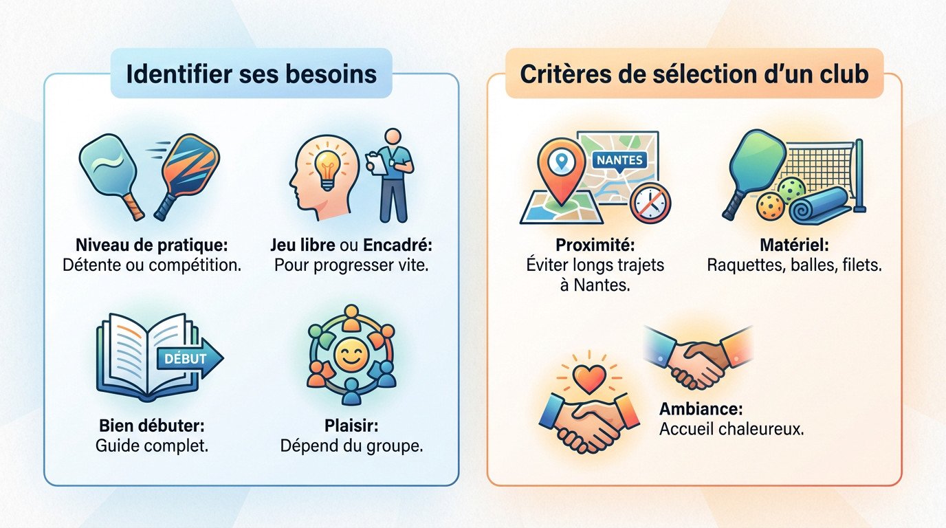 Joueurs de pickleball évaluant les critères de choix d'un club à Nantes