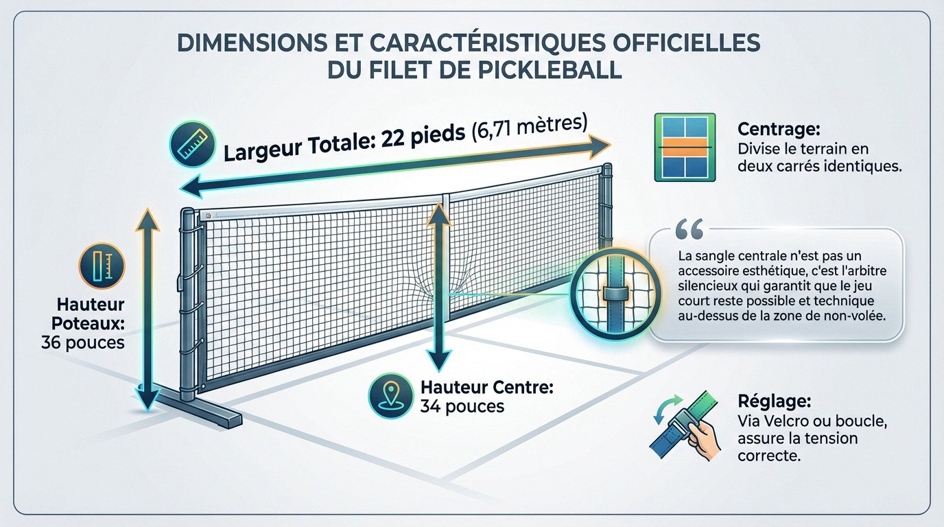 Schéma des dimensions officielles d'un filet de pickleball avec hauteurs et largeurs réglementaires