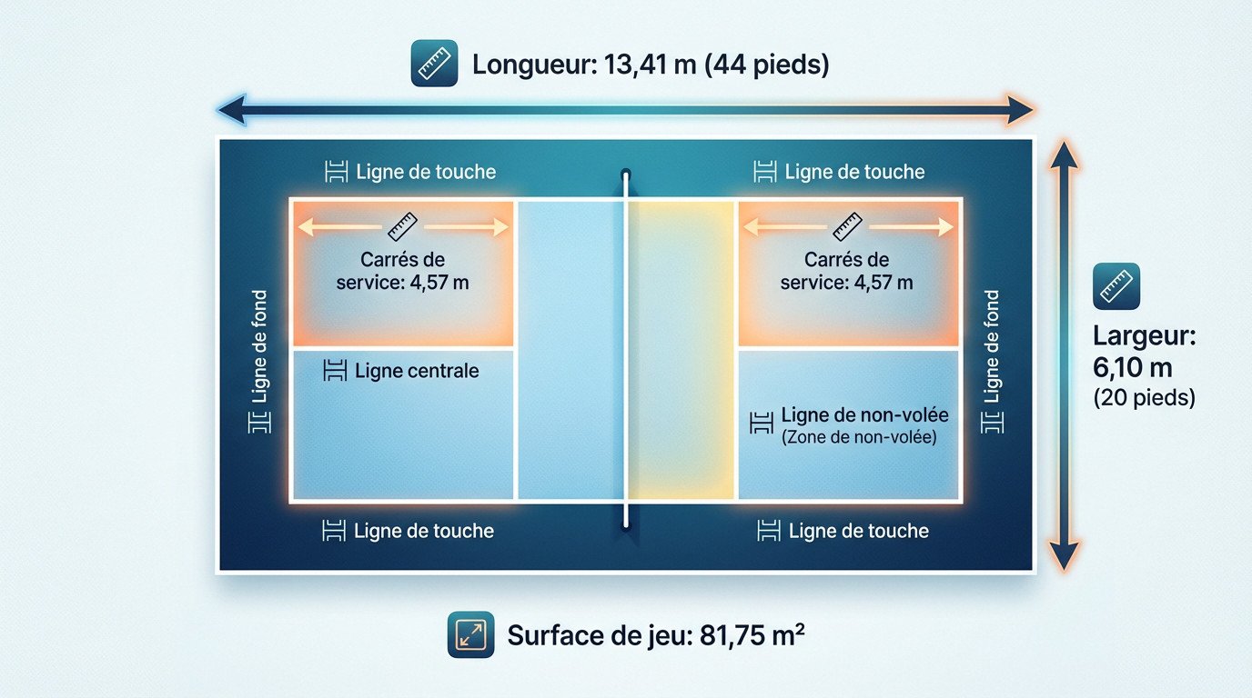Schéma des dimensions officielles d'un terrain de pickleball avec mesures en mètres et pieds