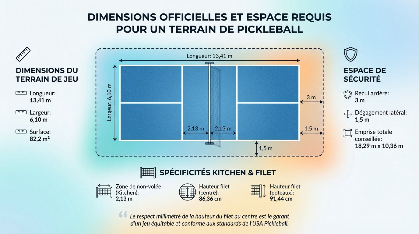 Schéma technique détaillant les dimensions officielles et l'espace de dégagement requis pour un terrain de pickleball