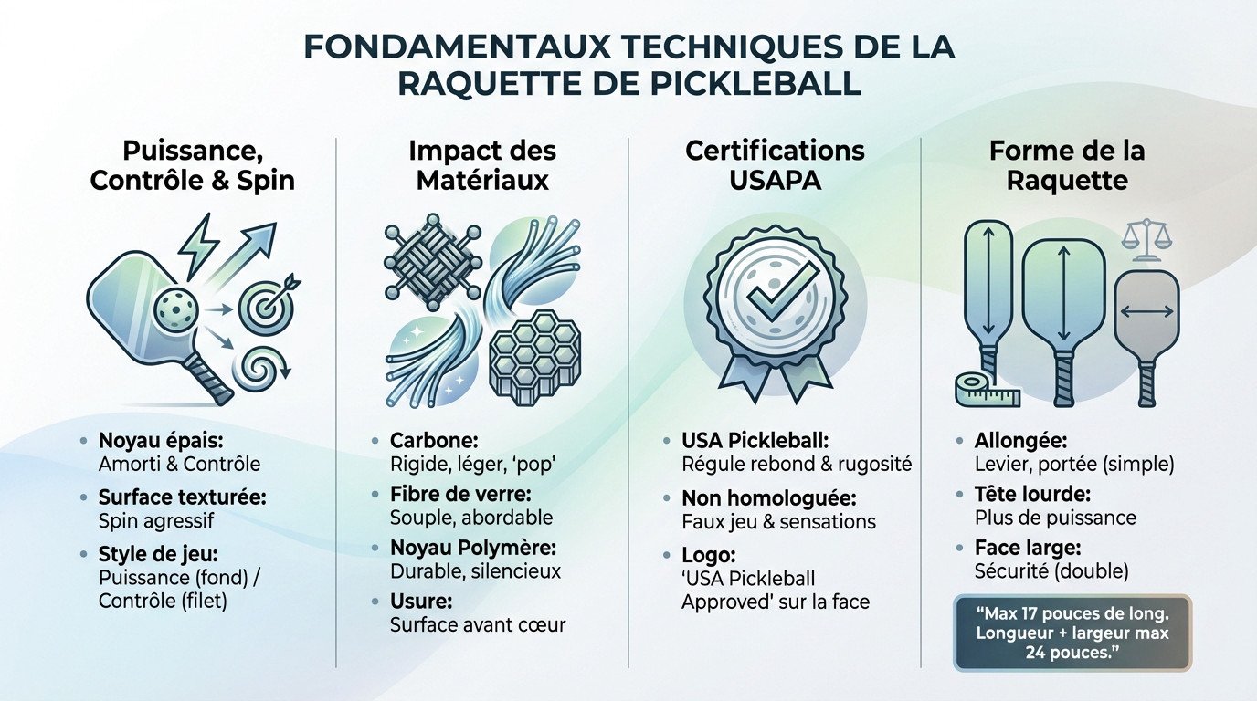 Schéma technique d'une raquette de pickleball montrant le noyau et la surface