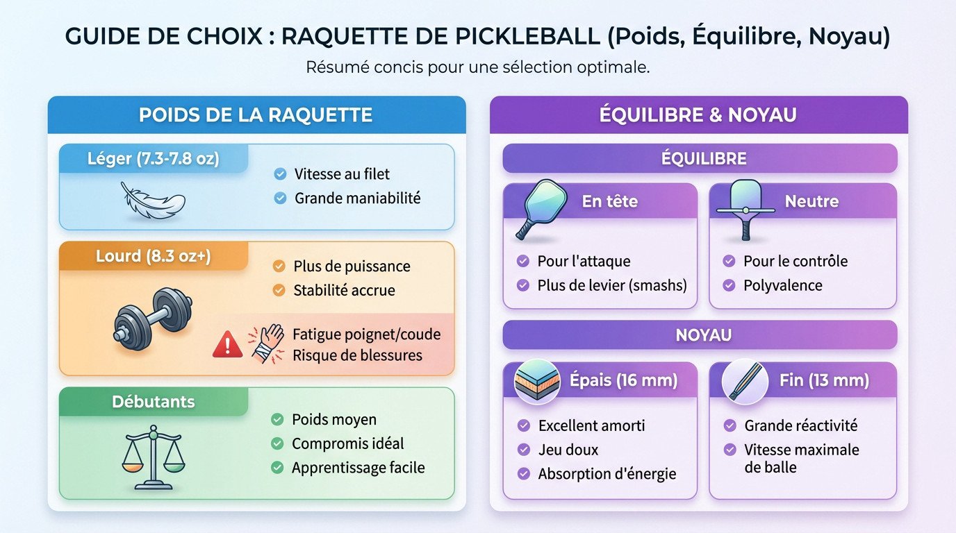 Schéma comparatif montrant l'influence du poids et de l'épaisseur du noyau sur les performances d'une raquette de pickleball
