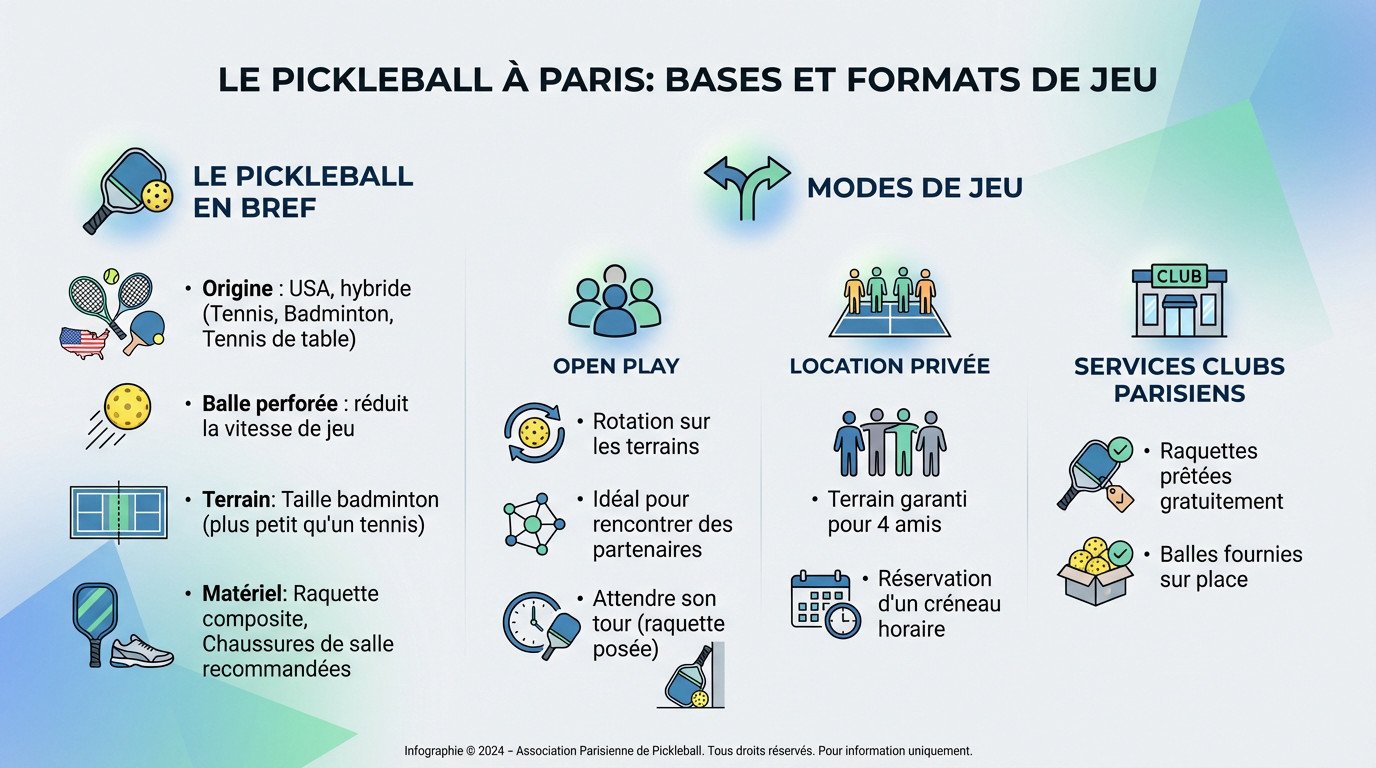 Joueurs sur un terrain de pickleball à Paris équipés de raquettes et balles perforées