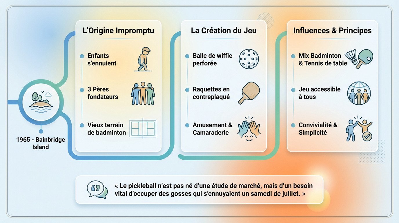 Trois hommes jouant au pickleball sur un terrain improvisé en 1965