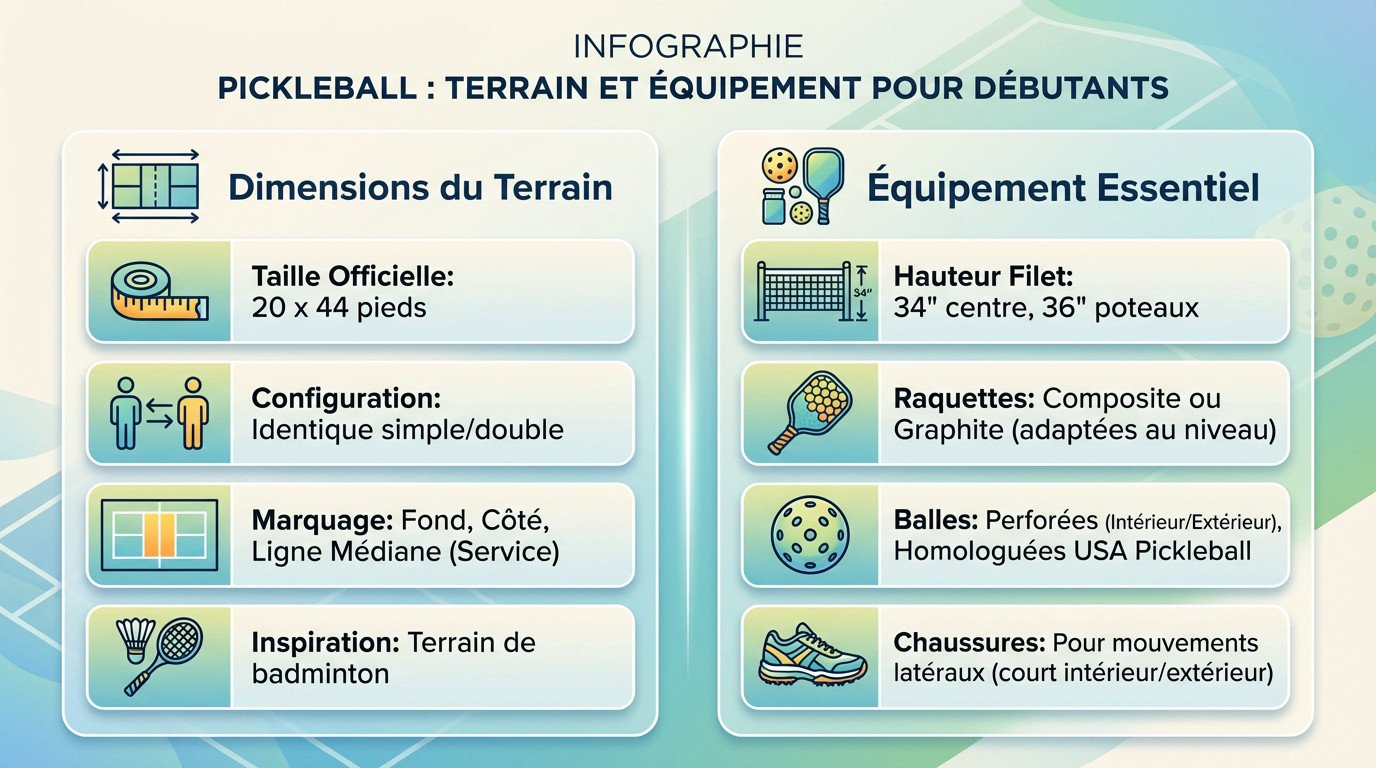 Schéma des dimensions officielles d'un terrain de pickleball et équipement requis