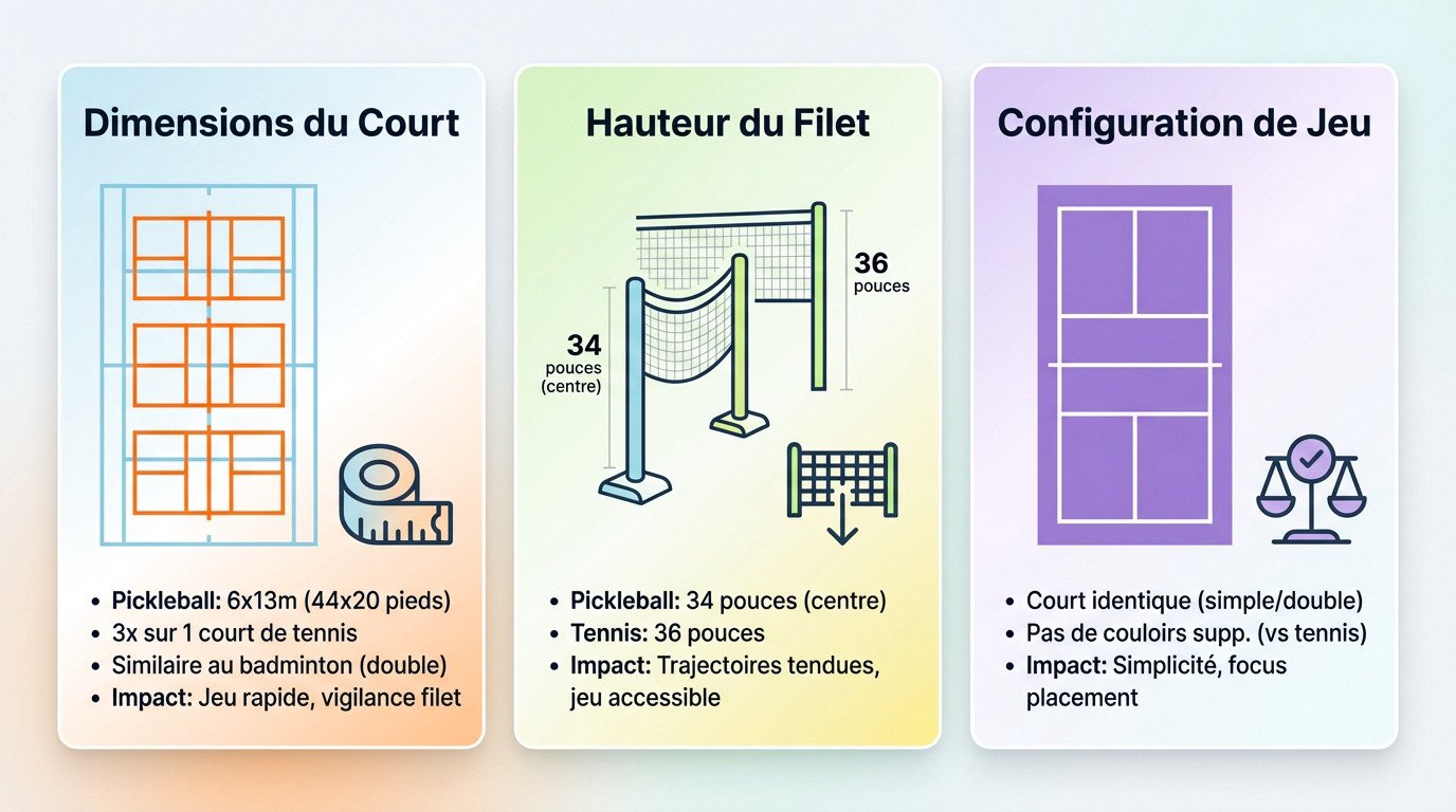 Comparaison des dimensions et du filet entre un terrain de pickleball et un court de tennis