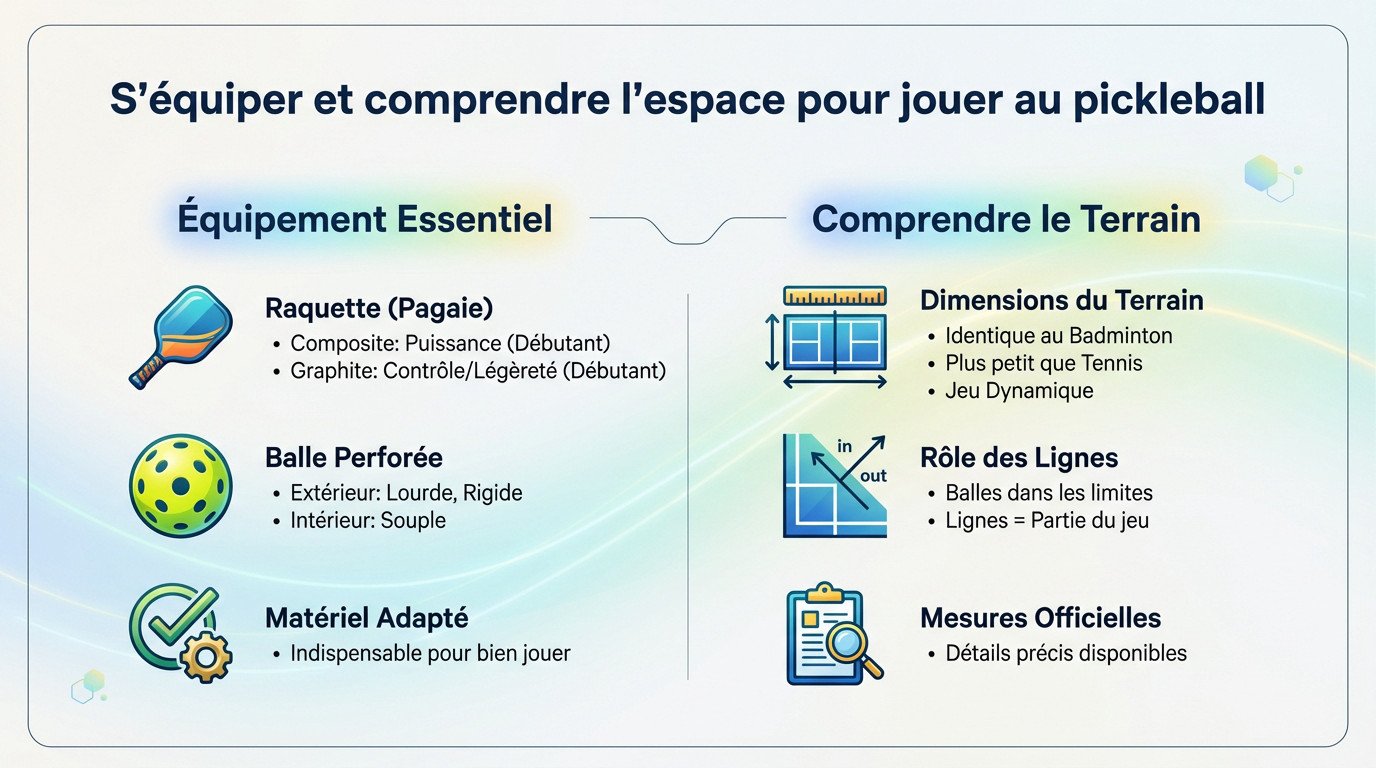 Matériel de pickleball posé sur le terrain : raquette et balles perforées
